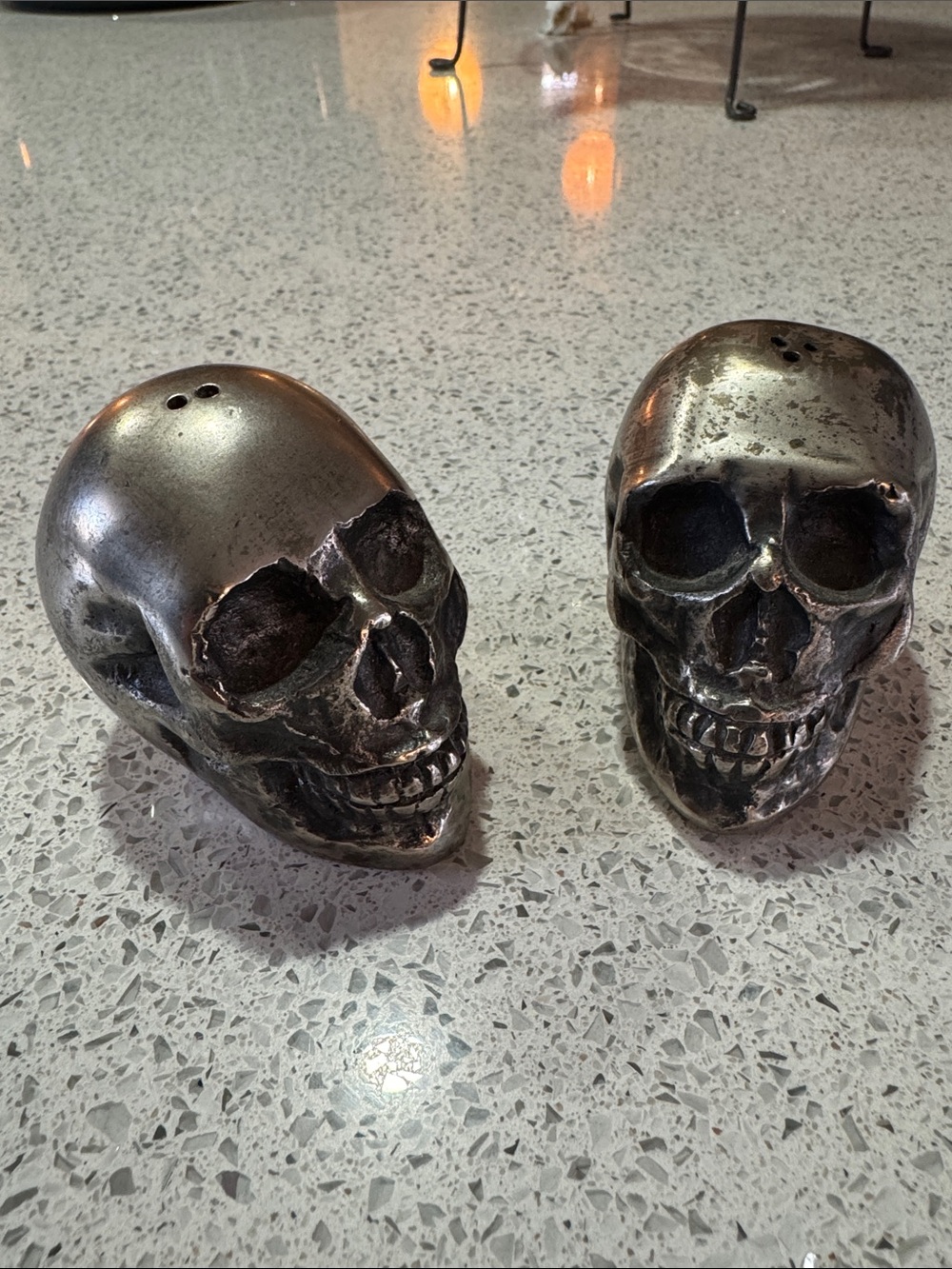 Early 2000’s Pottery Barn Skull Salt & Pepper Shaker Set - Antique Silver Finish
